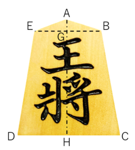 将棋駒（王将）の正面図。頂点と交点にA,B,C,D,E,G,Hをふっている。