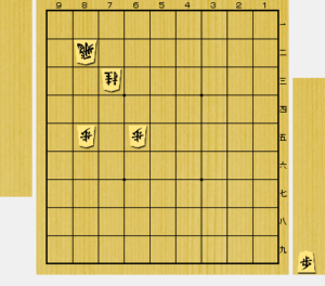 ShogiGUIの部分図。７三に相手の桂馬がいる。その桂馬は味方の駒で動けないので、７四歩と打てば桂馬が取れる。