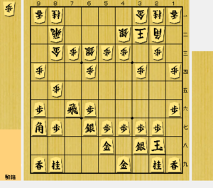 ShogiGUIで再現した、ある将棋の局面。先手は石田流に組もうとしている。あと桂馬が７七に跳ねれば完成の状態。